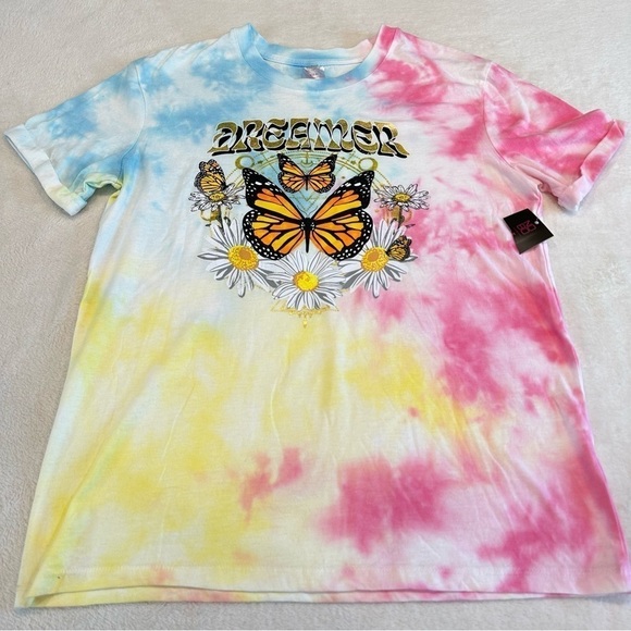 NWT No Boundaries Tie Dye "Dreamer" Butterfly & Floral Graphic Tee - Picture 2 of 7